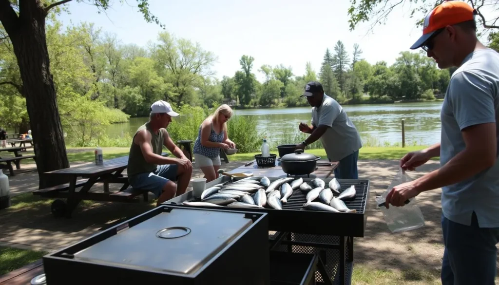 Fresh-caught fish being prepared at a riverside picnic area in Kaskaskia River State Park Fresh-caught fish being prepared at a riverside picnic area in Kaskaskia River State Park