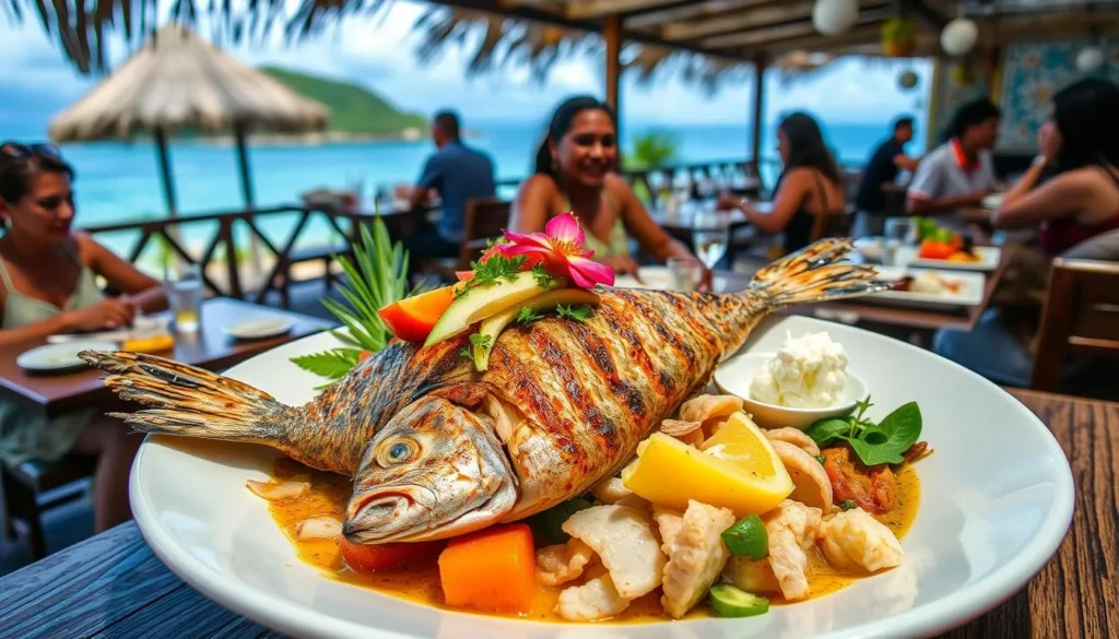 Fresh seafood and Creole cuisine at a local restaurant in Corossol