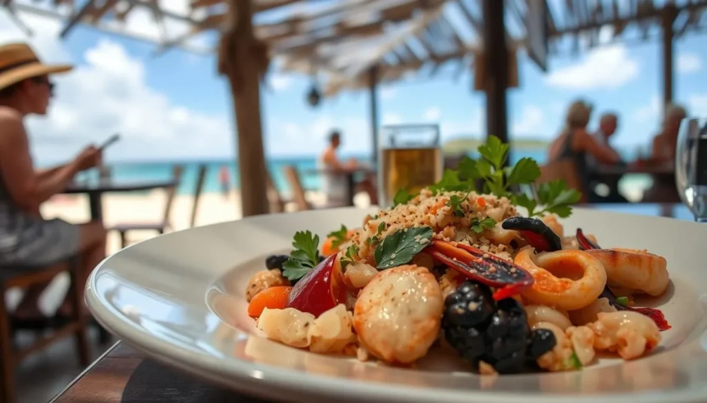 Fresh seafood and French-Caribbean fusion cuisine at a beachside restaurant in Lorient