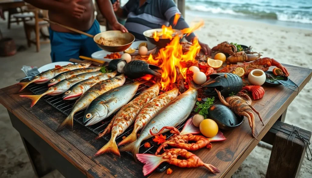 Fresh seafood being grilled on Kokoye Beach Haiti with local Haitian seasonings