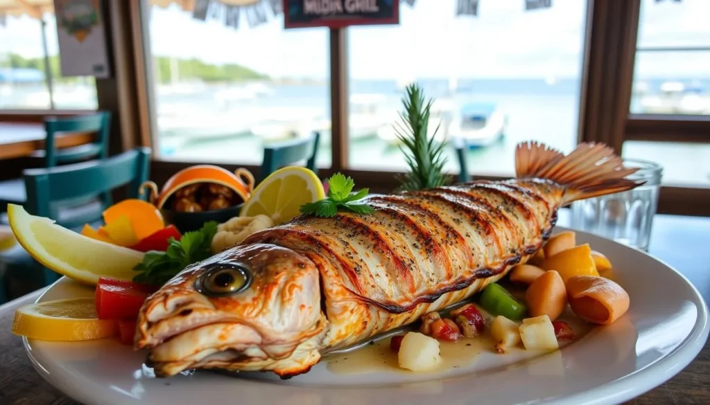 Fresh seafood dish at Mudjin Bar & Grill showcasing local cuisine for Mudjin Harbour Turks & Caicos things to do