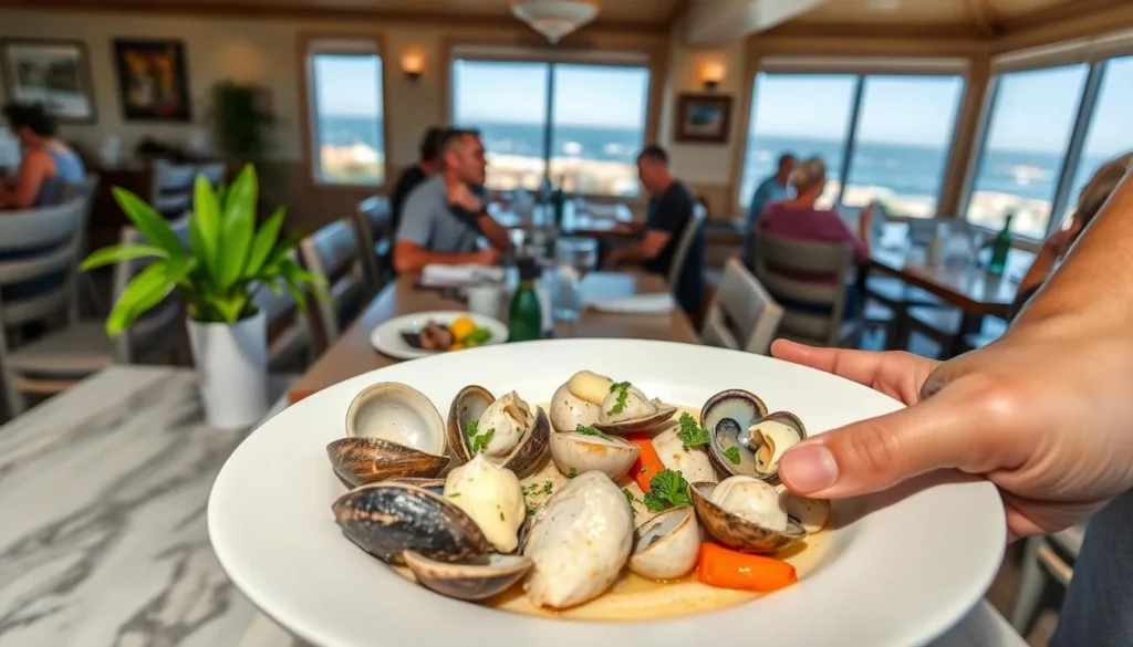Fresh seafood dish being served at a Pismo Beach restaurant with ocean views Fresh seafood dish being served at a Pismo Beach restaurant with ocean views