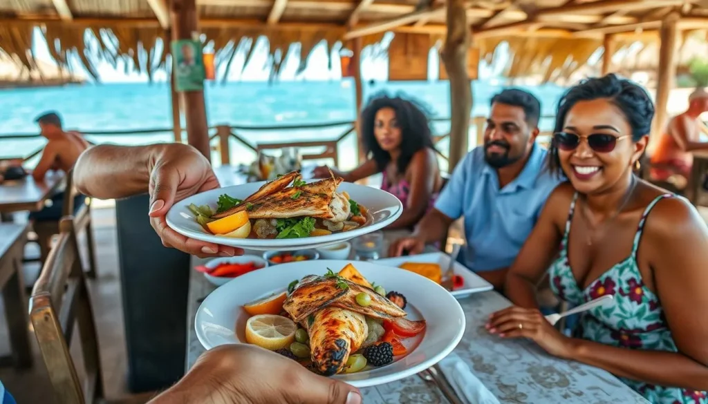 Fresh seafood dish being served at a beachside restaurant in Laborie with ocean view