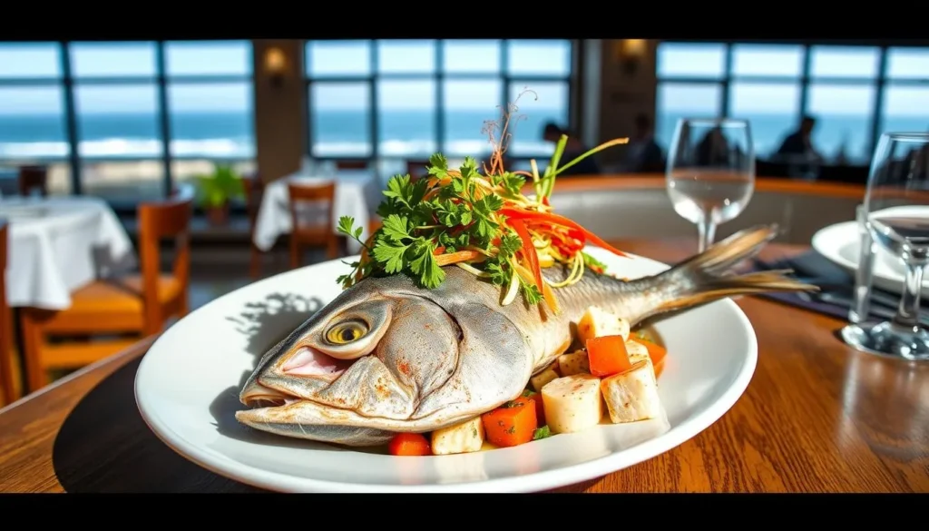 Fresh seafood dish from a Mendocino restaurant with ocean view in the background Fresh seafood dish from a Mendocino restaurant with ocean view in the background