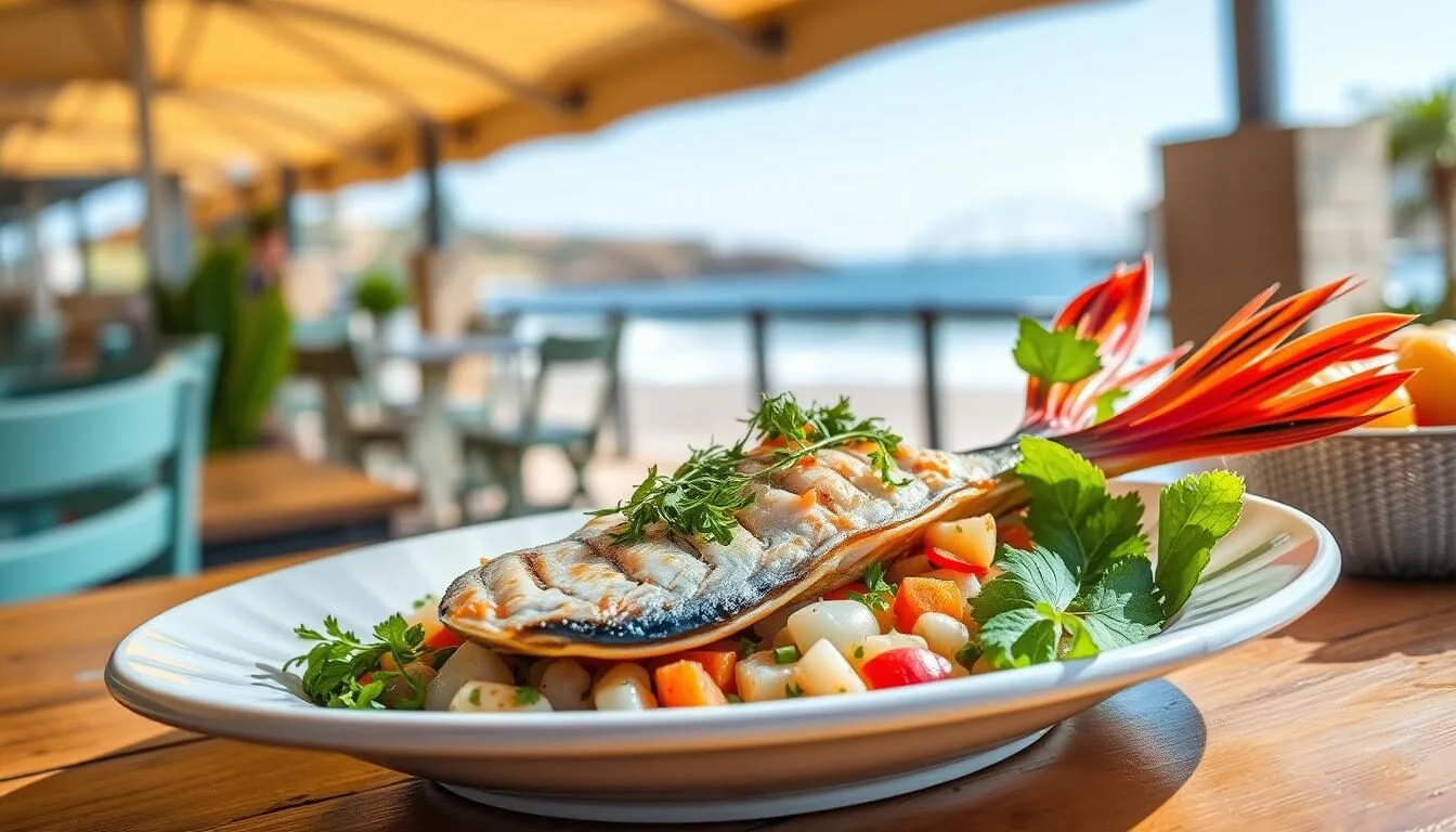Fresh seafood dish from a restaurant near Natural Bridges State Beach Santa Cruz California