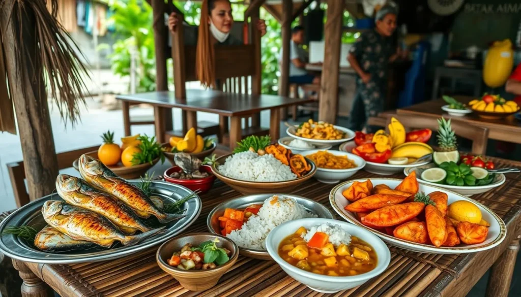 Fresh seafood dishes and Filipino specialties served at a local eatery on Balut Island
