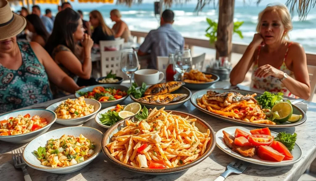Fresh seafood dishes being served at a beachfront restaurant in Mazatlan Fresh seafood dishes being served at a beachfront restaurant in Mazatlan