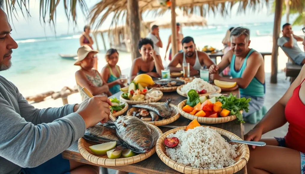 Fresh seafood meal being served at a beachside restaurant on Balicasag Island