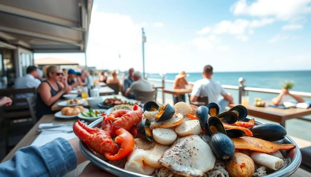 Fresh seafood platter at a Port Fairy waterfront restaurant with ocean views