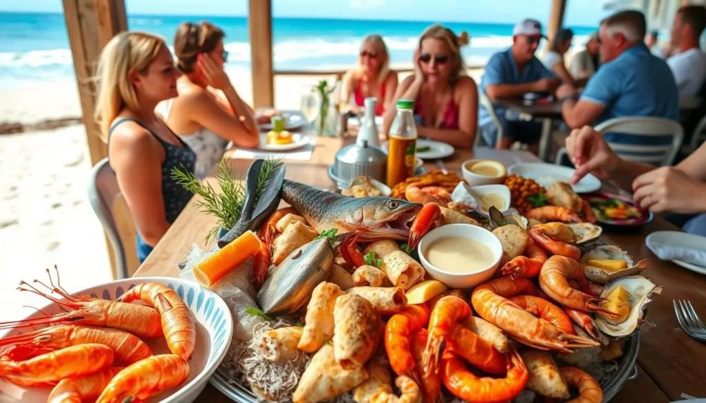 Fresh seafood platter at a Rainbow Beach restaurant with ocean view