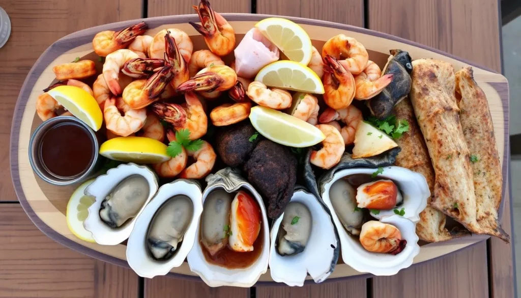 Fresh seafood platter at a local Grayton Beach restaurant featuring Gulf shrimp and oysters