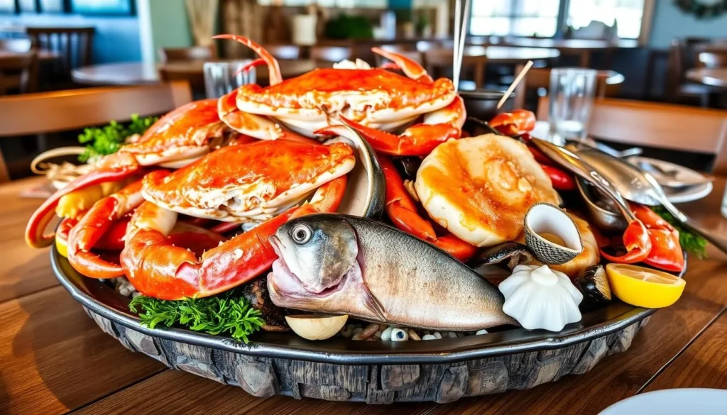Fresh seafood platter at a local Moss Landing restaurant featuring Dungeness crab and local specialties Fresh seafood platter at a local Moss Landing restaurant featuring Dungeness crab and local specialties
