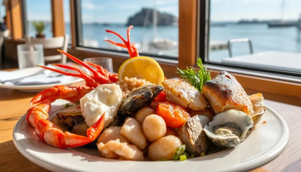 Fresh seafood platter at a waterfront restaurant in Morro Bay with Morro Rock visible through the window Fresh seafood platter at a waterfront restaurant in Morro Bay with Morro Rock visible through the window