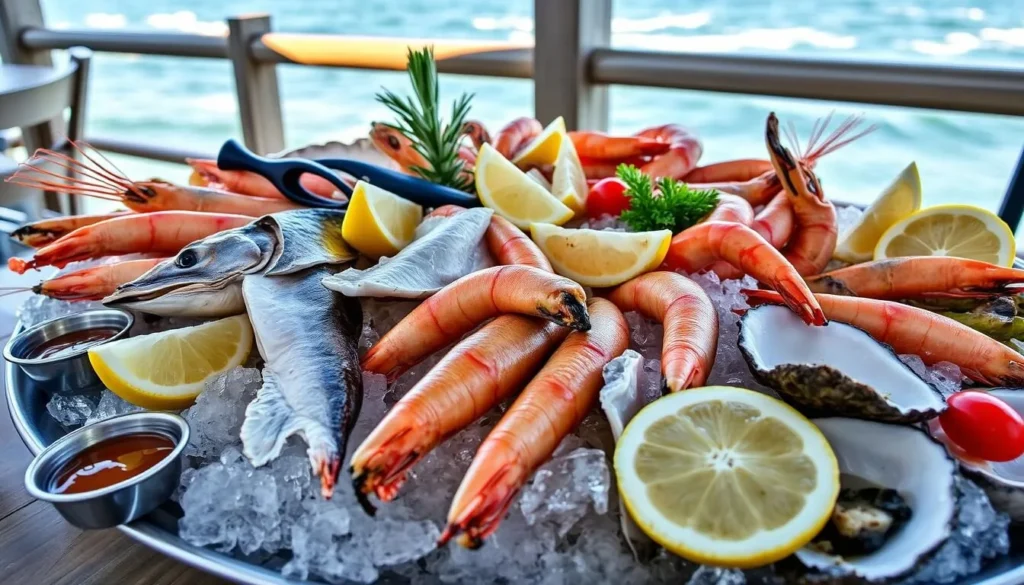 Fresh seafood platter at a waterfront restaurant in Warrnambool featuring local catches
