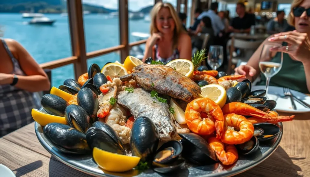 Fresh seafood platter at a waterfront restaurant in the Bay of Islands