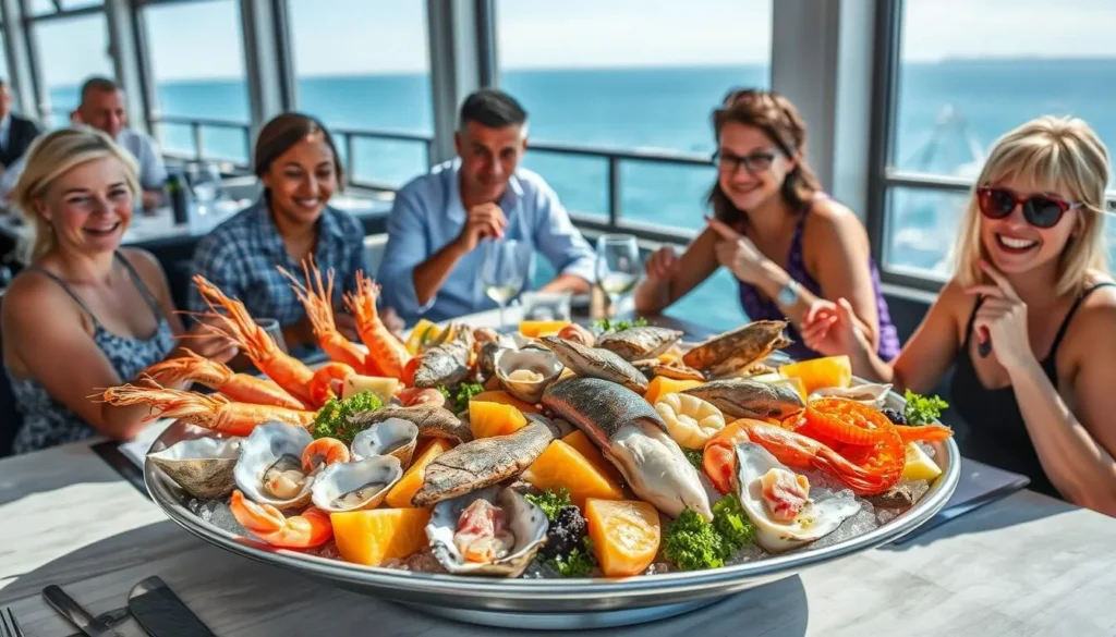Fresh seafood platter at a waterfront restaurant on Yorke Peninsula South Australia with diverse group of diners