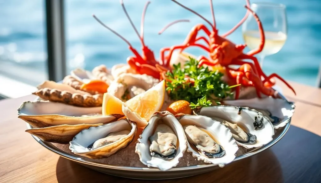 Fresh seafood platter featuring Tasmanian oysters and crayfish at a Binalong Bay restaurant Fresh seafood platter featuring Tasmanian oysters and crayfish at a Binalong Bay restaurant