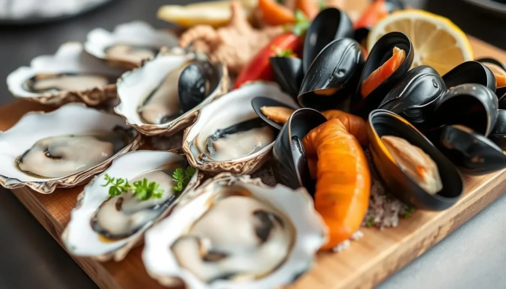 Fresh seafood platter featuring Tasmanian oysters and local produce from Freycinet National Park area