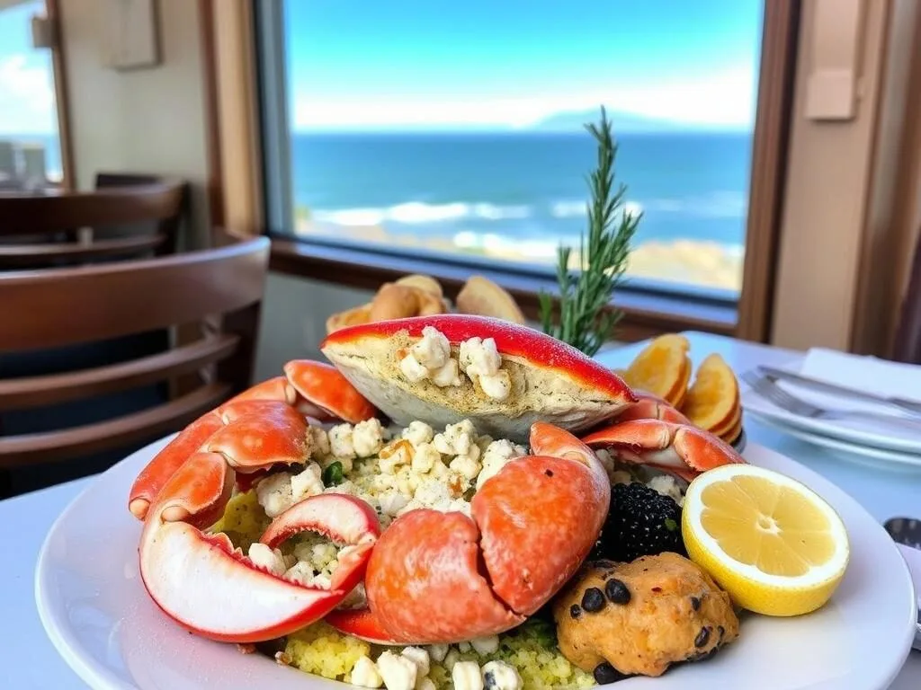 Fresh seafood platter featuring local Dungeness crab from restaurants near Caspar Headlands State Beach California Fresh seafood platter featuring local Dungeness crab from restaurants near Caspar Headlands State Beach California
