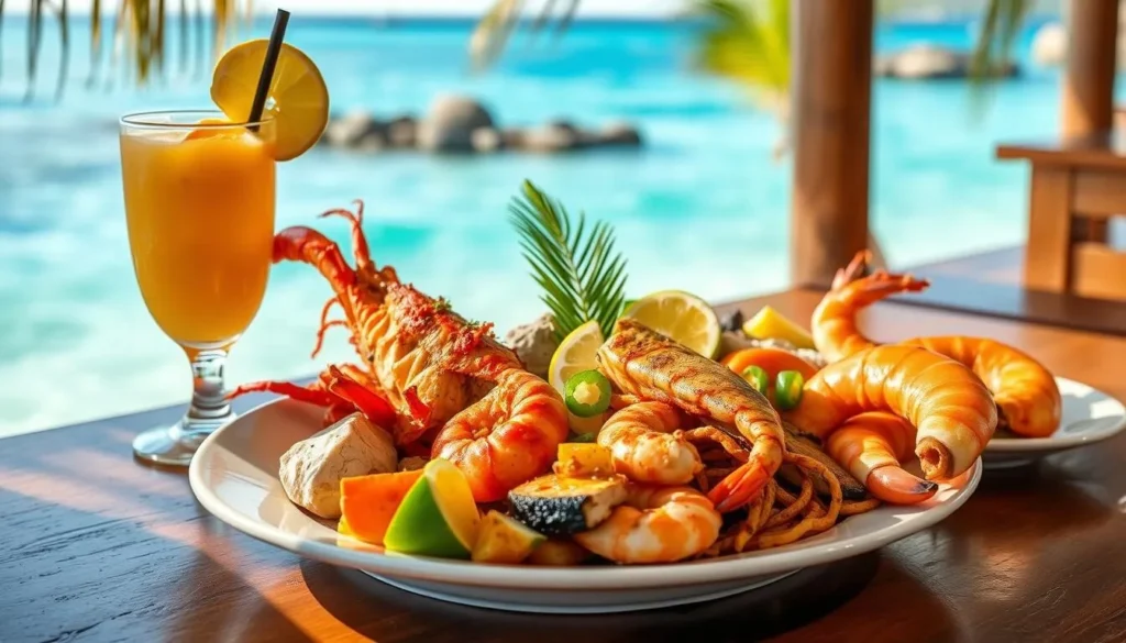 Fresh seafood platter with Caribbean flavors at a beachfront restaurant in Little Bay