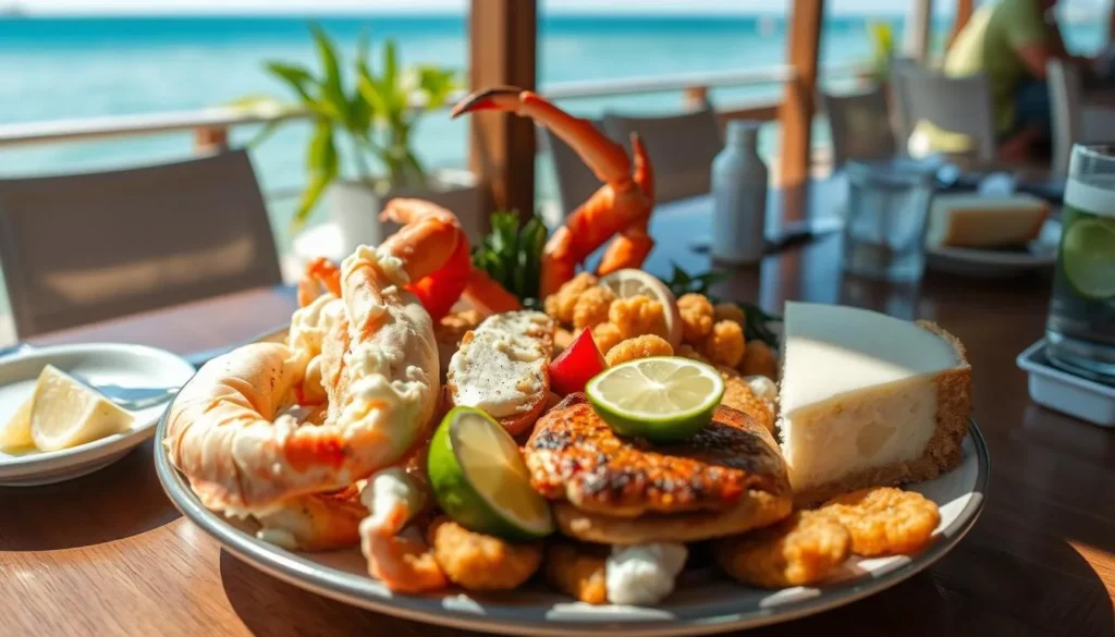Fresh seafood platter with Key Lime Pie at a waterfront restaurant in Upper Matecumbe Key Fresh seafood platter with Key Lime Pie at a waterfront restaurant in Upper Matecumbe Key