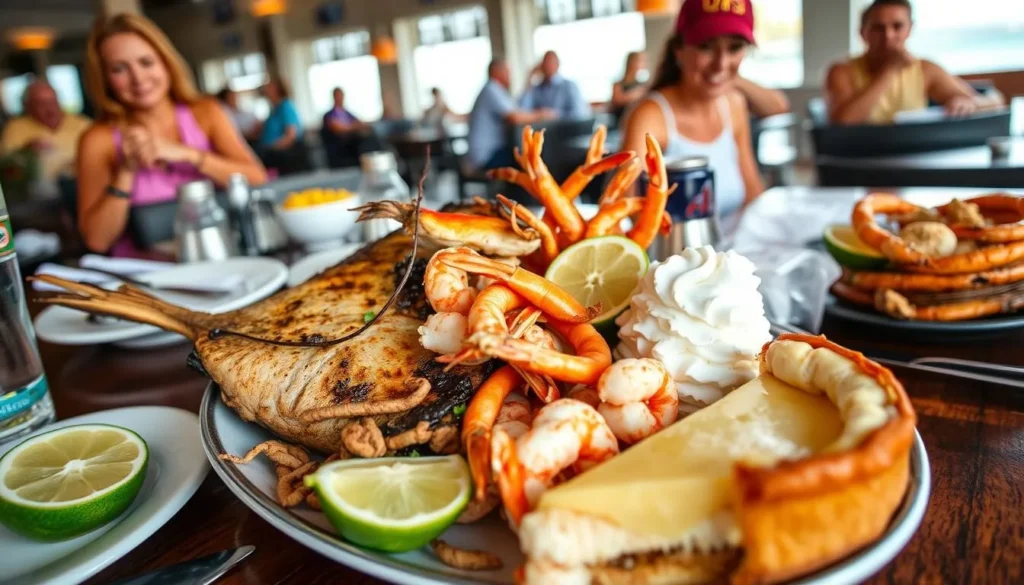 Fresh seafood platter with Key lime pie at a waterfront restaurant in Marathon Fresh seafood platter with Key lime pie at a waterfront restaurant in Marathon