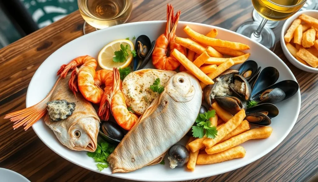 Fresh seafood platter with fish and chips at a Bay of Plenty New Zealand restaurant