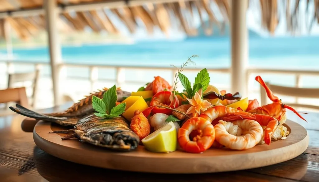 Fresh seafood platter with local St. Lucian specialties at a beachfront restaurant in Cap Estate