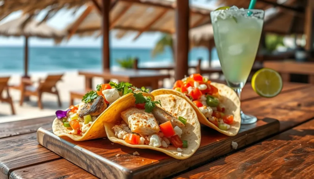Fresh seafood tacos and a margarita at a beachside restaurant in El Pescadero