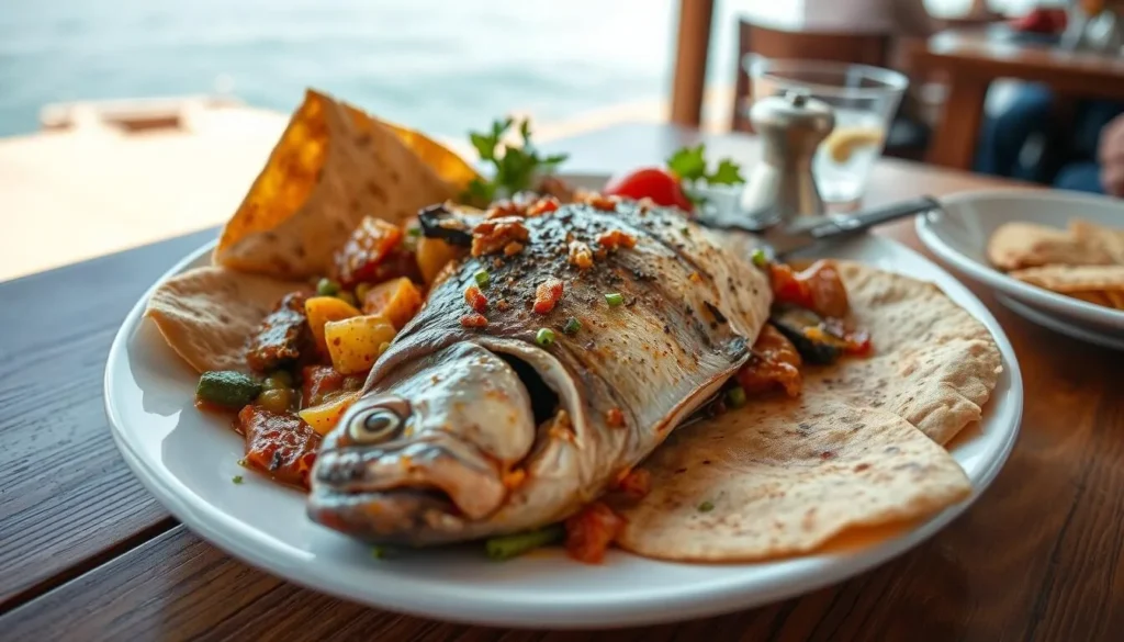 Fresh tilapia dish being served at a lakeside restaurant in Ziway