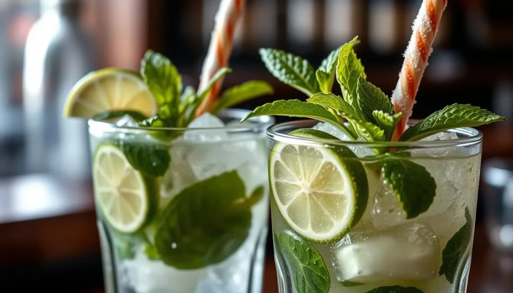 Freshly made Cuban mojitos with mint leaves and lime