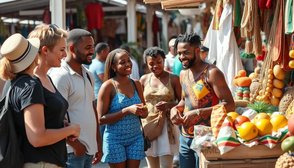Friendly interaction between tourists and locals in Kingston Jamaica market