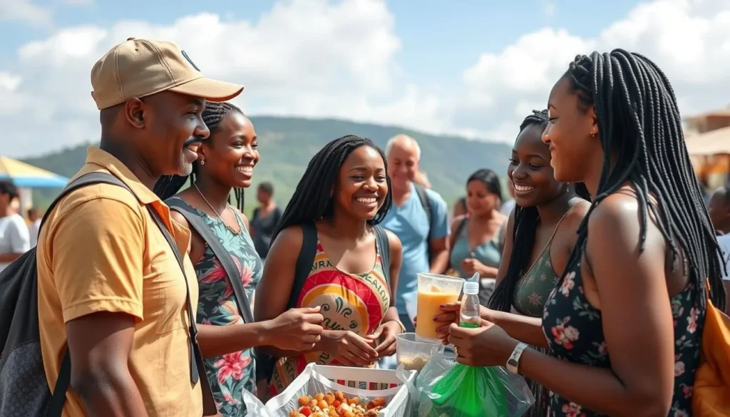 Friendly local interaction between tourists and Nevisians in Cotton Ground Friendly local interaction between tourists and Nevisians in Cotton Ground