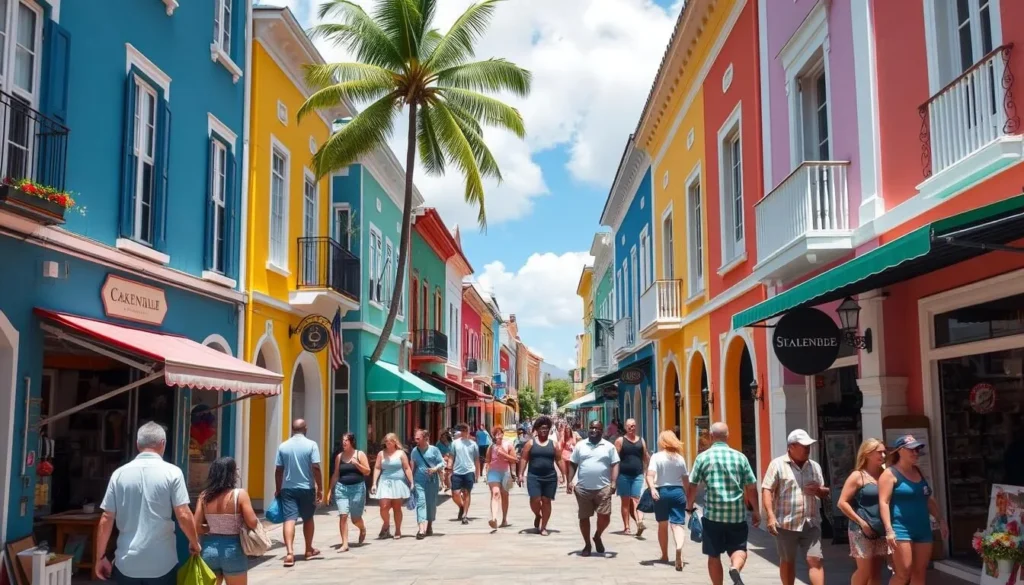 Front Street in Philipsburg with colorful Dutch colonial architecture and shops Front Street in Philipsburg with colorful Dutch colonial architecture and shops