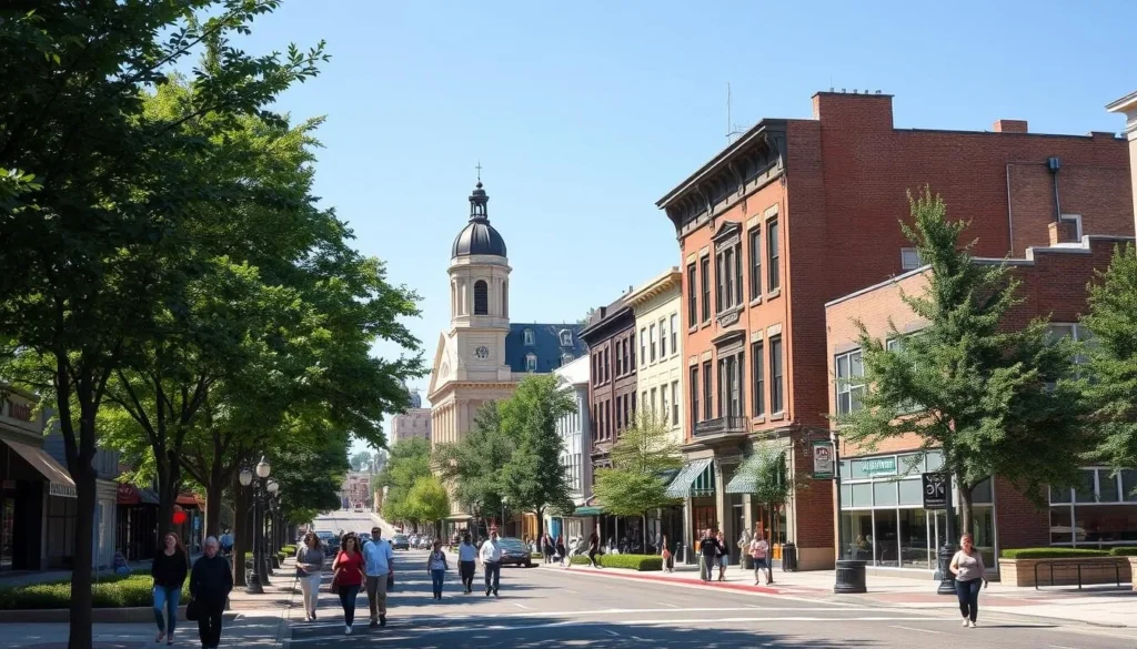Galesburg, Illinois cityscape with historic buildings and tree-lined streets on a clear day Galesburg, Illinois cityscape with historic buildings and tree-lined streets on a clear day