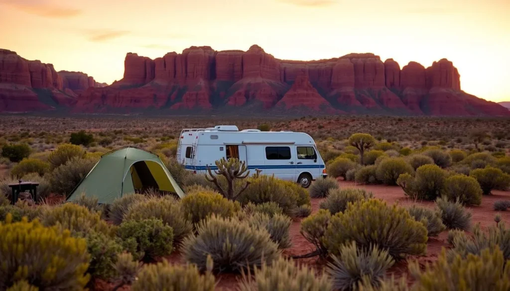 Gallo Campground at sunset with tents and desert landscape Gallo Campground at sunset with tents and desert landscape