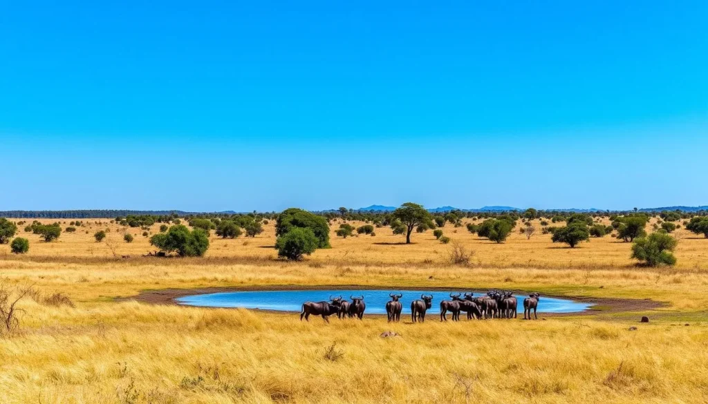 Gambela National Park Ethiopia during dry season showing wildlife near a water source with clear blue skies