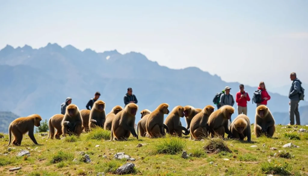 Gelada baboons in their natural habitat in the Simien Mountains with trekkers observing from a distance