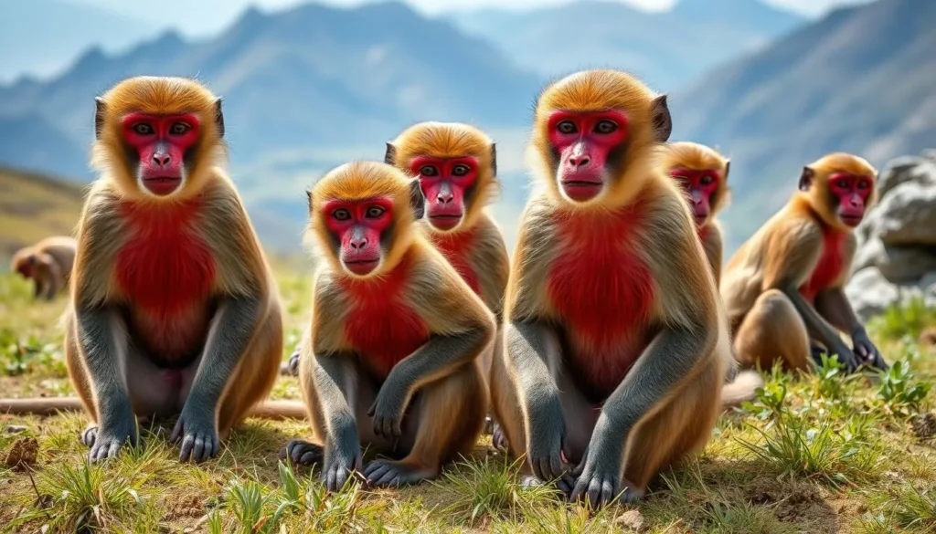 Gelada monkeys with their distinctive red chest patches in Simien Mountains National Park Ethiopia
