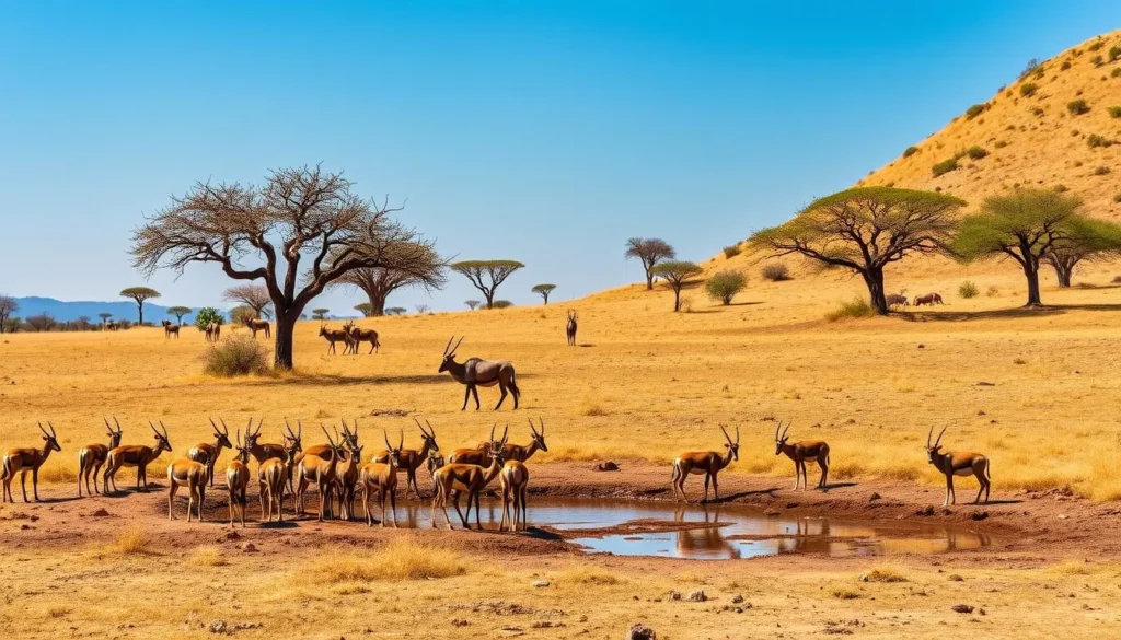Geraille National Park during dry season showing wildlife gathering near a water source with clear skies