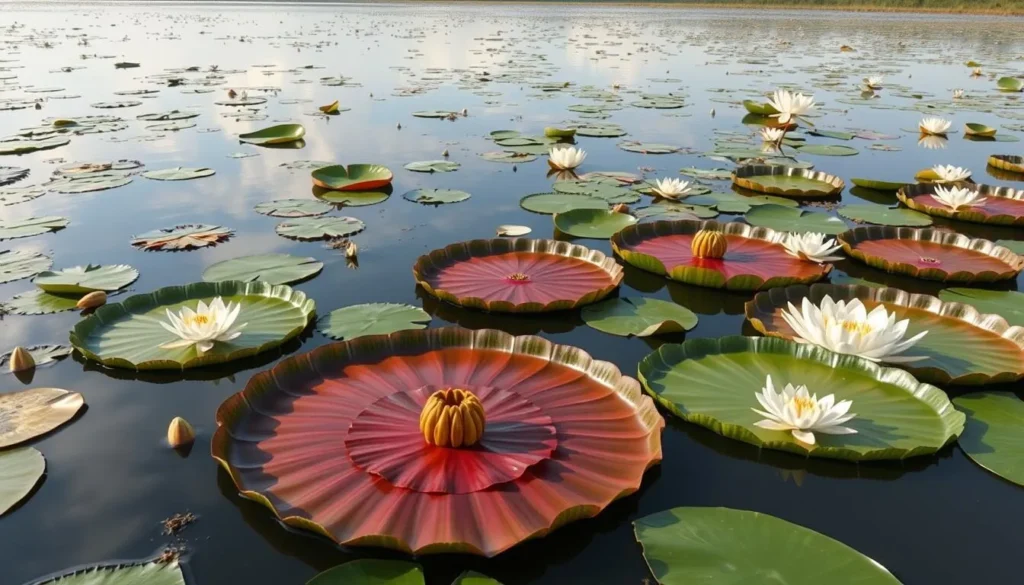 Giant Victoria Amazonica water lilies on a pond in the Rupununi with their massive circular pads