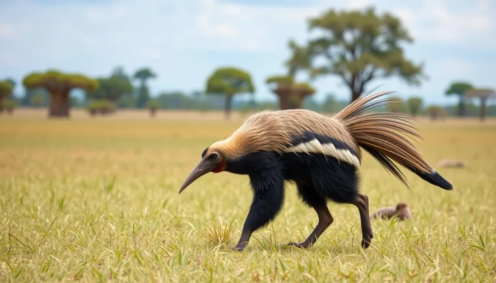 Giant anteater walking across the Rupununi Savannah with its distinctive long snout and bushy tail