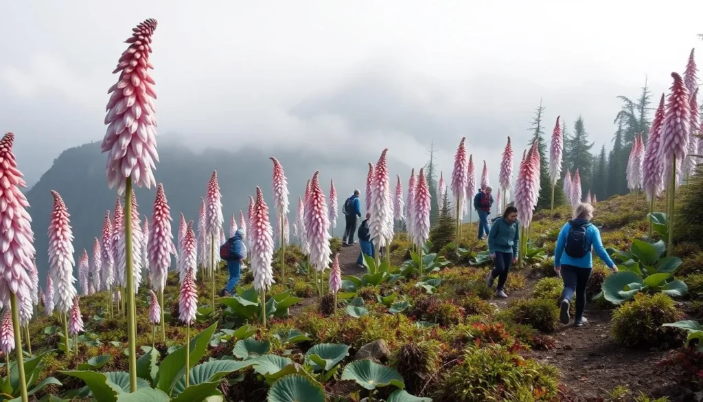 Giant lobelia plants in the alpine zone of Mount Baker with trekkers for scale