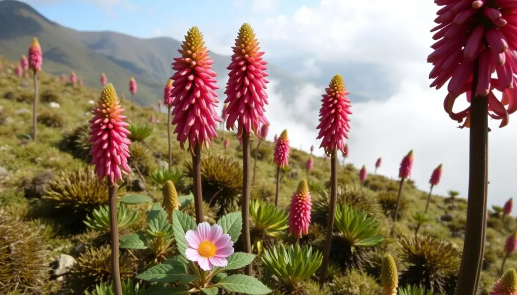 Giant lobelia plants on the Sanetti Plateau with misty mountains in background