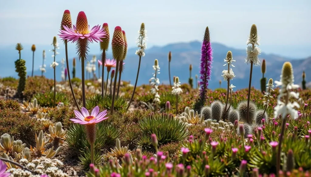 Giant lobelias and unique flora on Mount Speke, Uganda