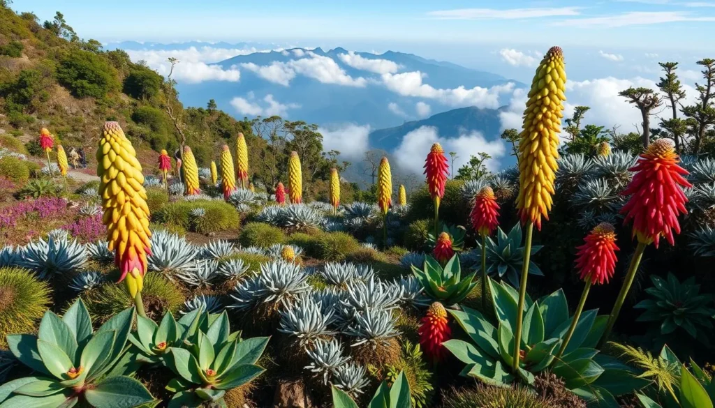 Giant lobelias and unique vegetation in the alpine zone of Mount Stanley