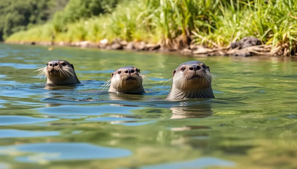 Giant river otters swimming in a waterway within the Kanuku Mountains Protected Area Giant river otters swimming in a waterway within the Kanuku Mountains Protected Area