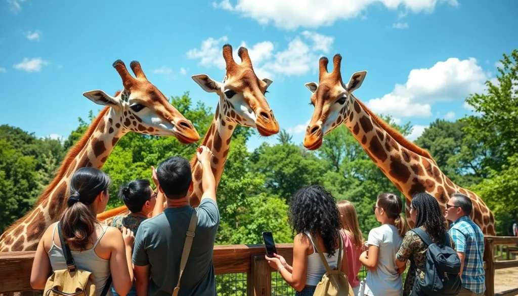 Giraffes at Elmwood Park Zoo in Norristown with visitors feeding them from an elevated platform Giraffes at Elmwood Park Zoo in Norristown with visitors feeding them from an elevated platform