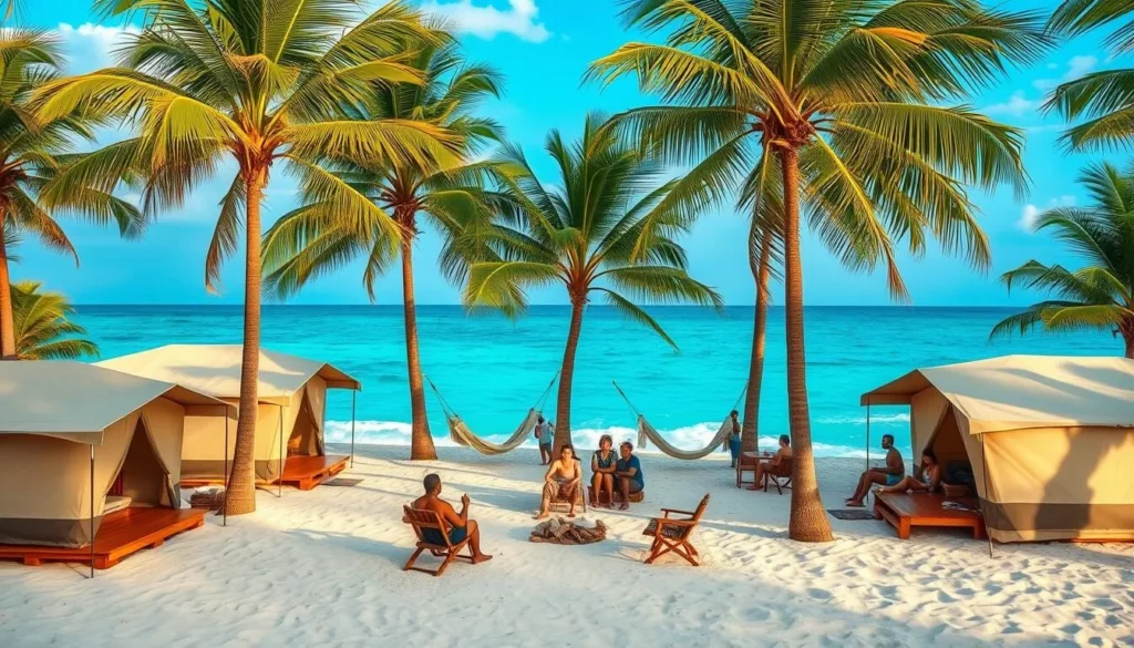 Glamping tents set up on Kokoye Beach Haiti with palm trees and ocean view