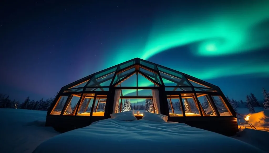 Glass-roofed Arctic accommodation with northern lights visible overhead